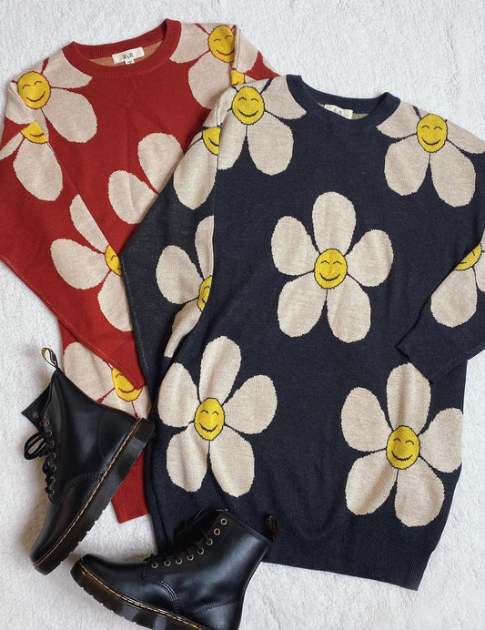 Women's Happy Face Floral Print Knit Sweater