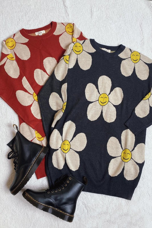 Women's Happy Face Floral Print Knit Sweater