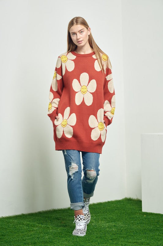 Women's Happy Face Floral Print Knit Sweater