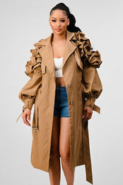 Women's Khaki Ruffle Sleeve Long Trench Coat