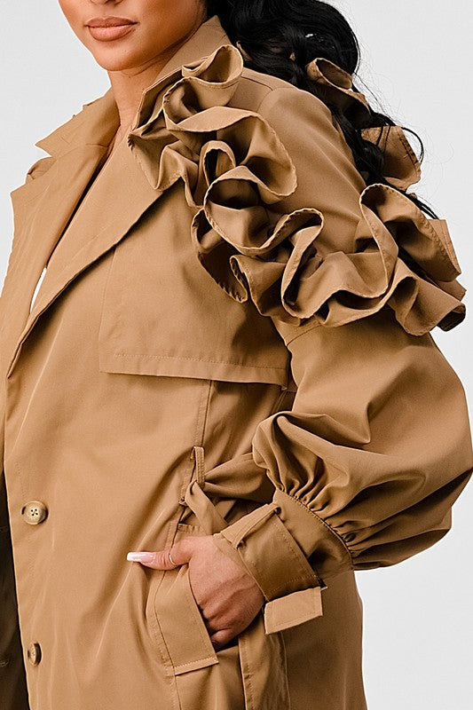 Women's Khaki Ruffle Sleeve Long Trench Coat