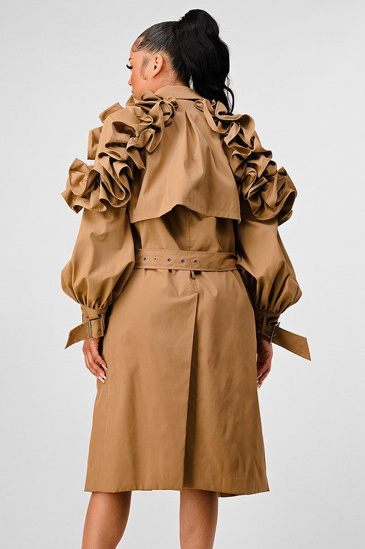 Women's Khaki Ruffle Sleeve Trench Coat