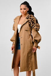 Women's Khaki Ruffle Sleeve Trench Coat