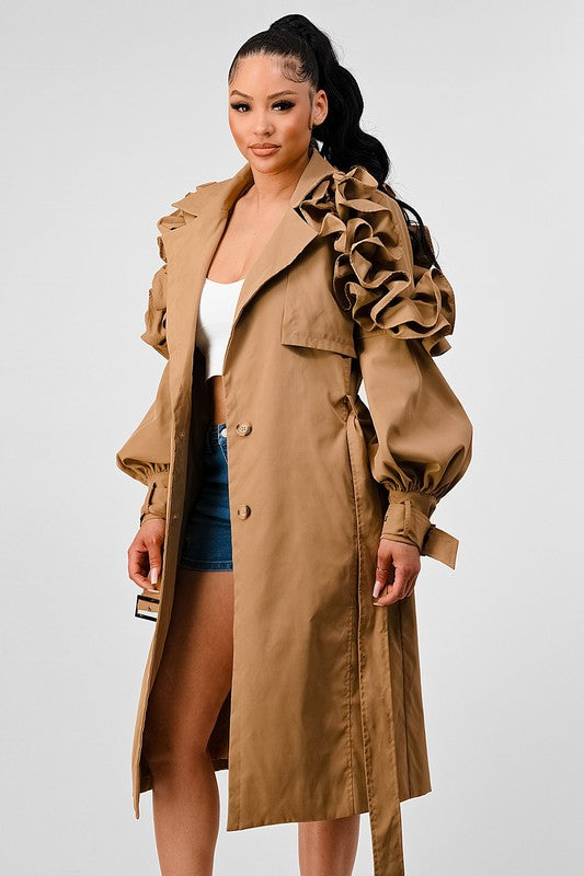 Women's Khaki Ruffle Sleeve Trench Coat