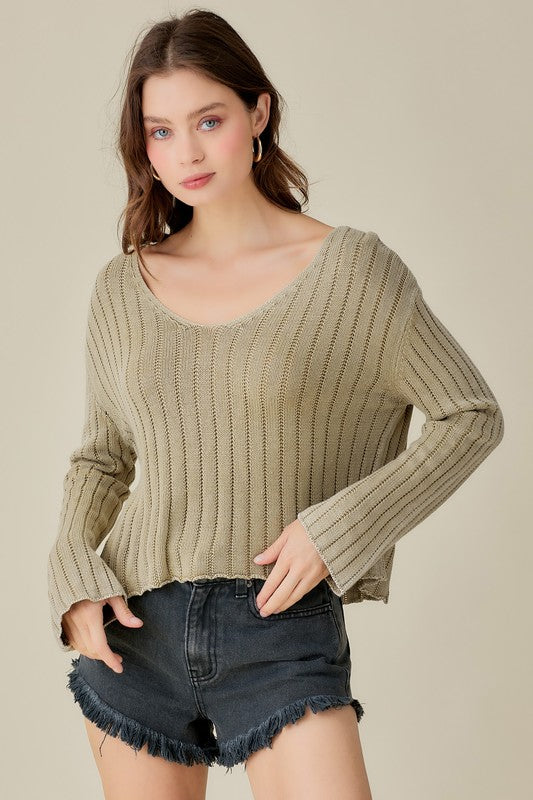 Women's Loose Fit V Neck Washed Crop Sweater