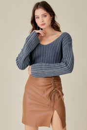 Women's Loose Fit V Neck Washed Crop Sweater