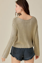 Women's Loose Fit V Neck Washed Crop Sweater