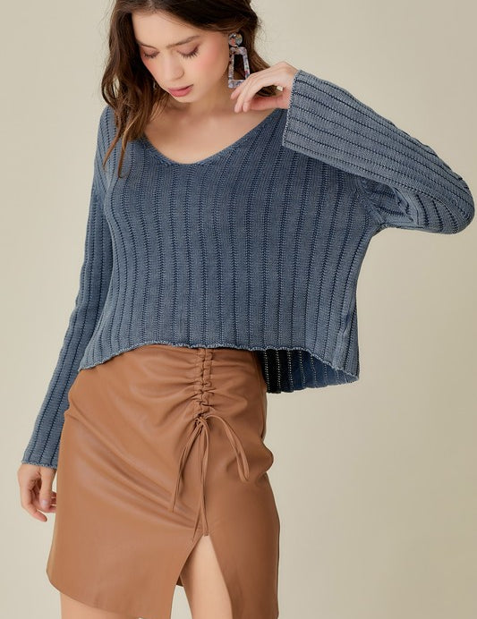 V-Neck Washed Crop Sweater