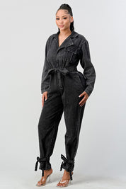 Women's Black Washed Denim Tie Detail Jumpsuit