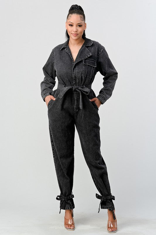 Women's Black Washed Denim Tie Detail Jumpsuit