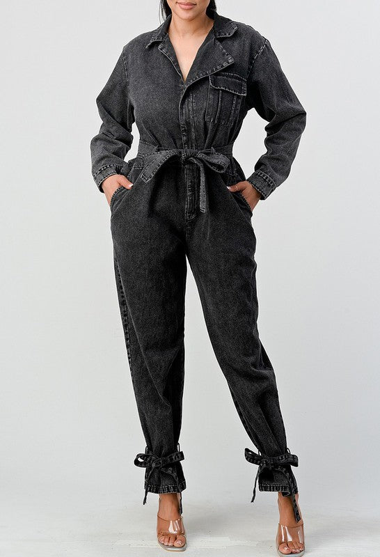 Women's Black Washed Denim Tie Detail Jumpsuit