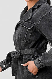 Women's Black Washed Denim Tie Detail Jumpsuit