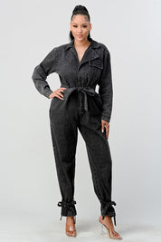 Women's Black Washed Denim Tie Detail Jumpsuit