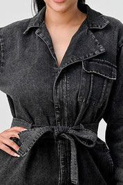 Women's Black Washed Denim Tie Detail Jumpsuit