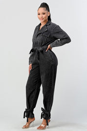 Women's Black Washed Denim Tie Detail Jumpsuit