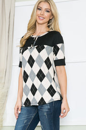 Women's Argyle Print Button Front Jersey Top