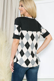 Women's Argyle Print Button Front Jersey Top