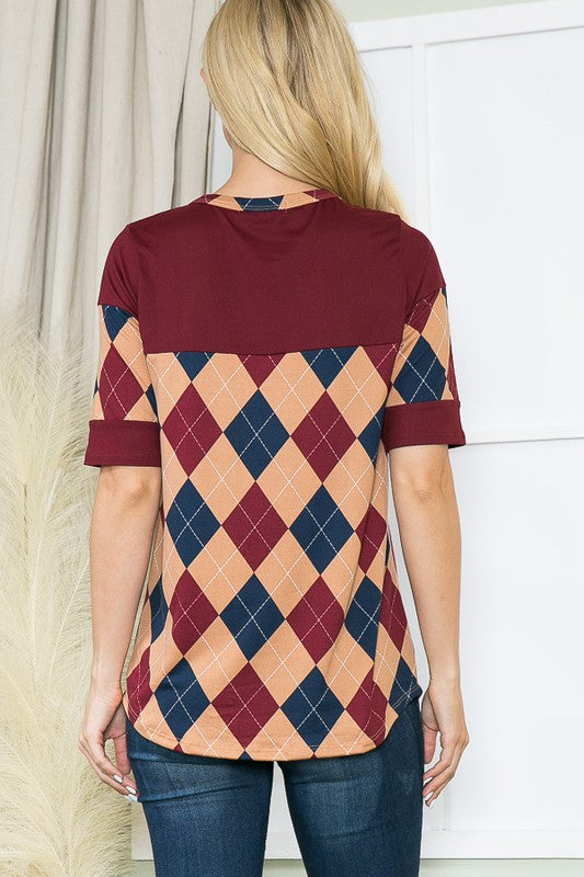 Women's Argyle Print Button Front Jersey Top