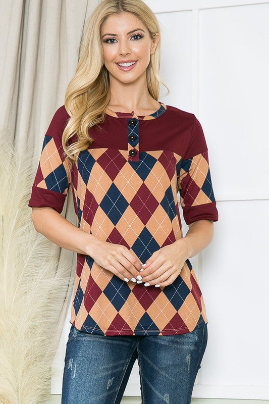 Women's Argyle Print Button Front Jersey Top