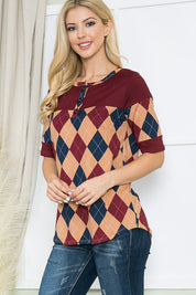 Women's Argyle Print Button Front Jersey Top