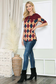 Women's Argyle Print Button Front Jersey Top