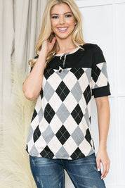 Women's Argyle Print Button Front Jersey Top