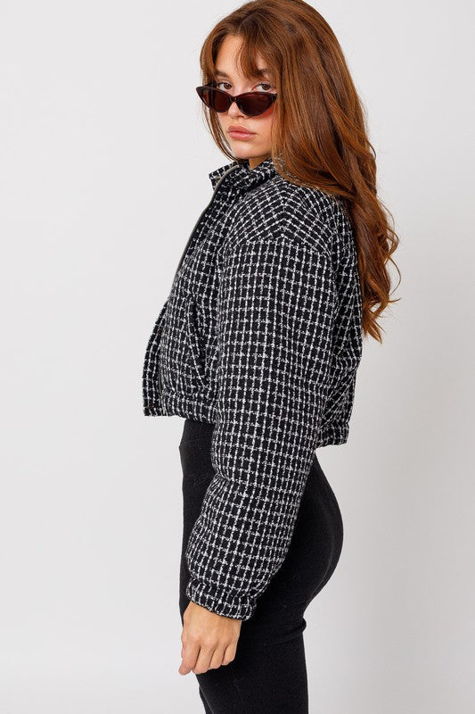 Women's Fitted Tweed Crop Puffer Jacket