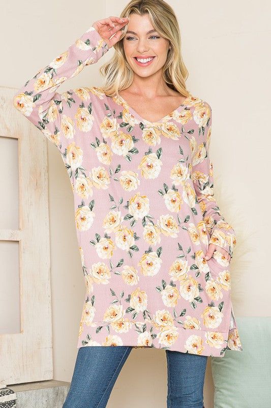 Women's Floral Print V-Neck Tunic Sweater