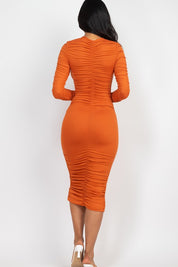 Women's Bodycon Ruched Long Sleeve Midi Dress