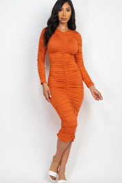 Women's Bodycon Ruched Long Sleeve Midi Dress