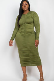 Women's Curvy Plus Ruched Long Sleeve Midi Dress