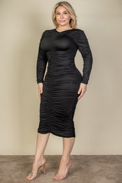 Women's Curvy Plus Ruched Long Sleeve Midi Dress