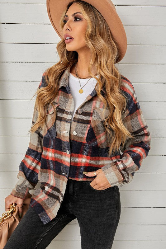 Women's Geometric Plaid Print Pocketed Shirt