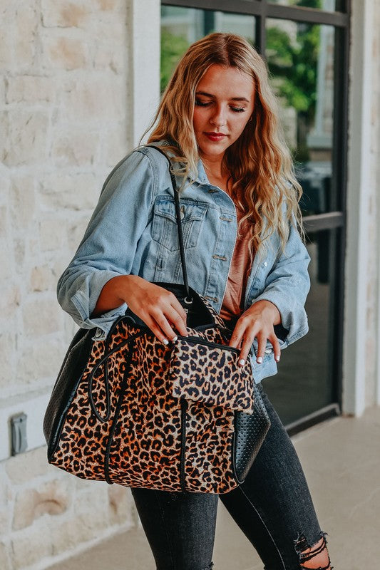 Women's Leopard Neoprene Tote Bag with Wristlet