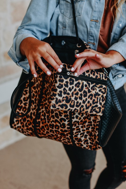 Women's Leopard Neoprene Tote Bag with Wristlet