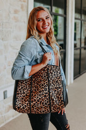 Women's Leopard Neoprene Tote Bag with Wristlet