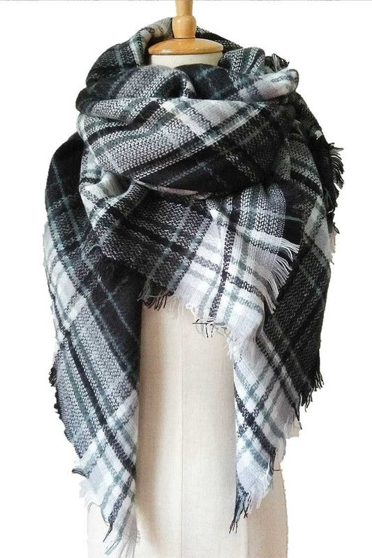 Women's Classic Plaid Fringe Acrylic Square Blanket Scarf