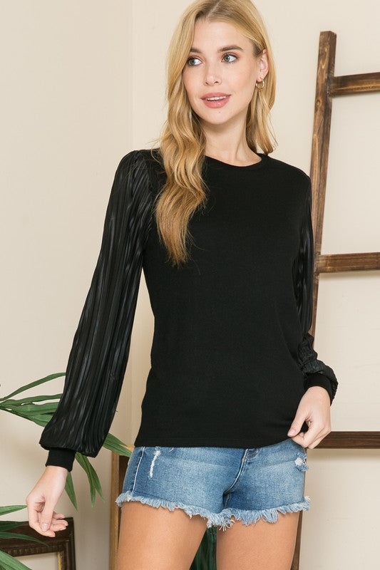 Women's Regular Fit Pleated Sleeve Crew Neck Sweater