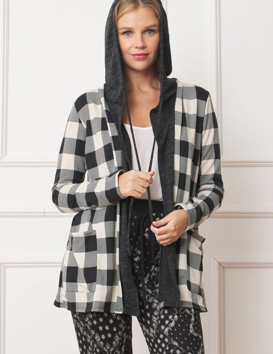 Women's Hooded Buffalo Plaid Cardigan