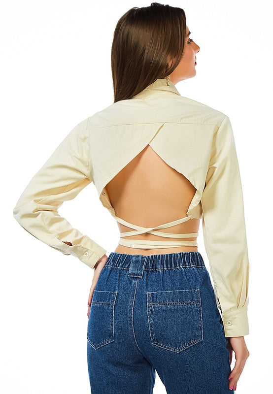 Women's Backless Long Sleeve Cotton Jacket with Tie Strings