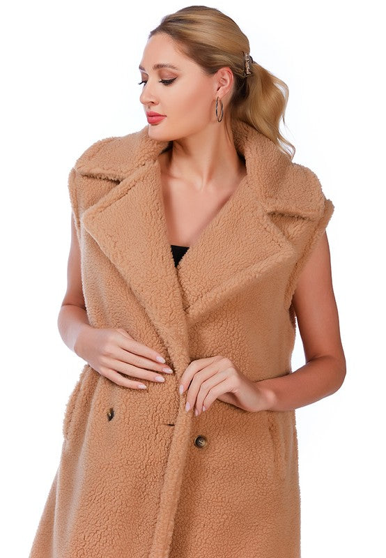 Women's Sleeveless Double Breasted Teddy Coat