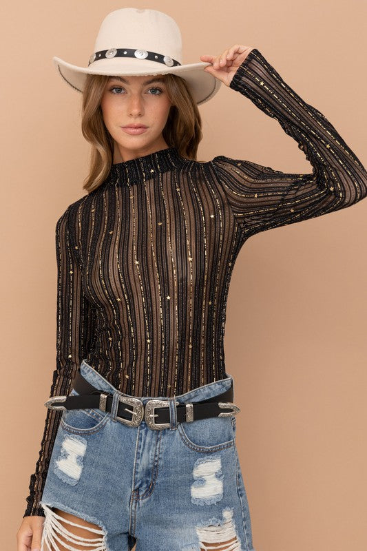 Women's Metallic Star Stripe Mesh Mock Neck Top