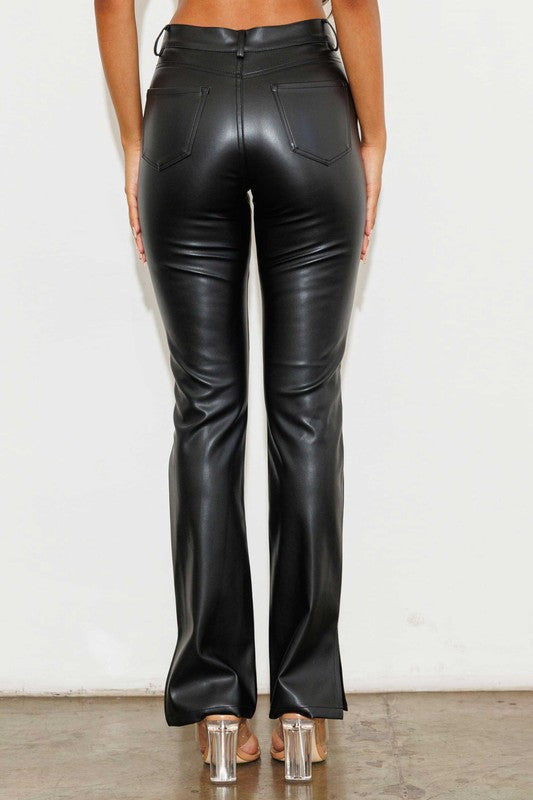 Women's Fitted Vegan Leather Side Slit Bootcut Pants