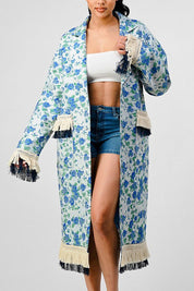 Women's Oversized Floral Print Tassel Trench Coat