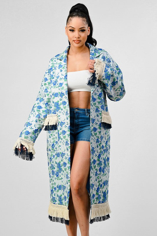 Women's Oversized Floral Print Tassel Trench Coat