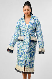 Women's Oversized Floral Print Tassel Trench Coat