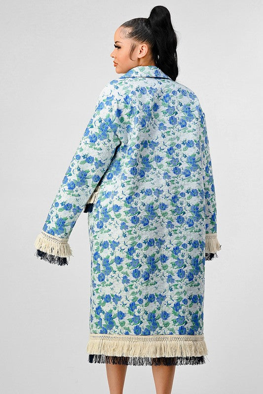 Women's Oversized Floral Print Tassel Trench Coat