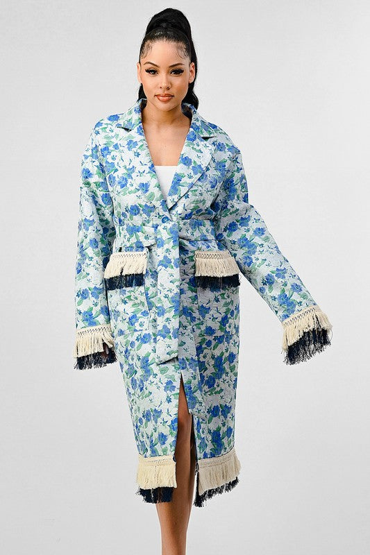 Women's Oversized Floral Print Tassel Trench Coat