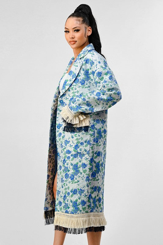 Women's Oversized Floral Print Tassel Trench Coat