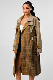 ATHINA PLAID AND KHAKI CONTRAST TRENCH COAT